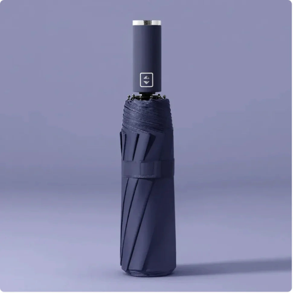 A black folding automatic umbrella with a metallic handle, shown in a closed state.