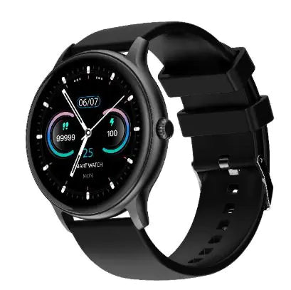 A black smartwatch with a silicone band and a digital display showing health metrics such as blood pressure and heart rate.