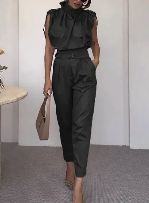 Waist-Slimming Belt Blouse & Pants