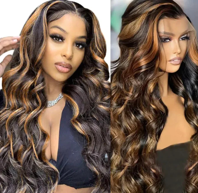 Two images showcasing a woman with brown curly wave hair extensions, with highlights in her hair.