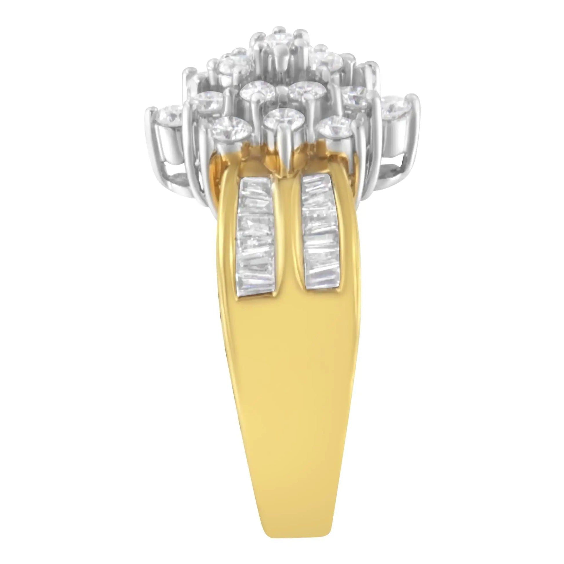 10K Yellow Gold 1.0 Cttw Round & Baguette Cut Diamond Floral Cluster Double-Channel Flared Band Statement Ring (H-I Color, SI2-I1 Clarity) WEM Support (www.WEM.support)