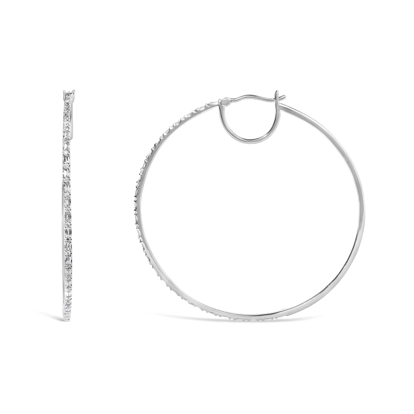 10K White Gold 1/2 Cttw Baguette and Round Alternating Diamond Hoop Earrings (I-J Color, I2-I3 Clarity) WEM Support (www.WEM.support)