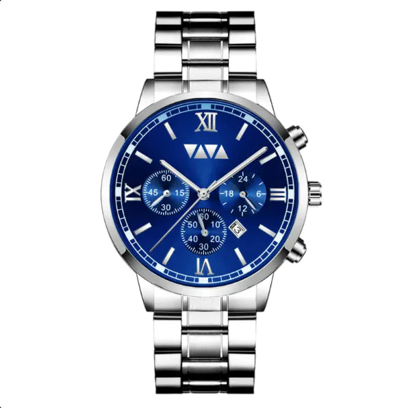 A silver-colored Business Casual Quartz Waterproof Watch with a blue dial and chronograph features.