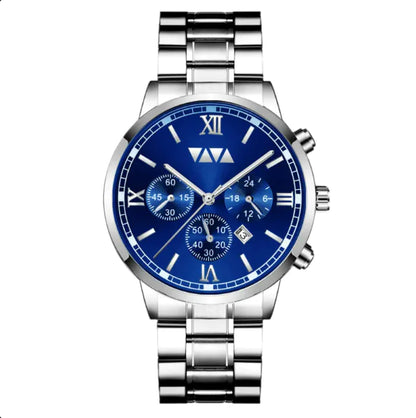A silver-colored Business Casual Quartz Waterproof Watch with a blue dial and chronograph features.