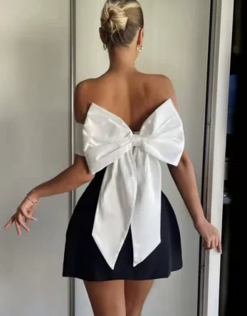 Women's Bow Black And White Contrasting-color Dress WEM Support (www.WEM.support)