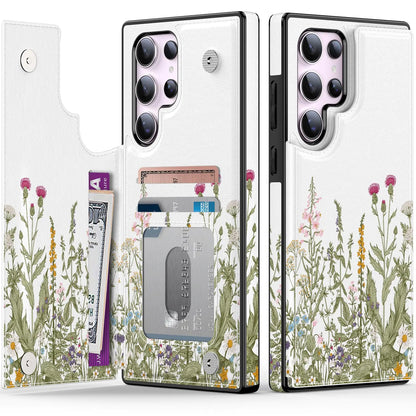 LETO for Samsung Galaxy S24 Plus Wallet Case - Flip Folio Leather Kickstand - Fashionable Flower Designs - Credit Card Holder - Protective Phone Cover for Women and Girls - 6.7" - White Pink Flowers