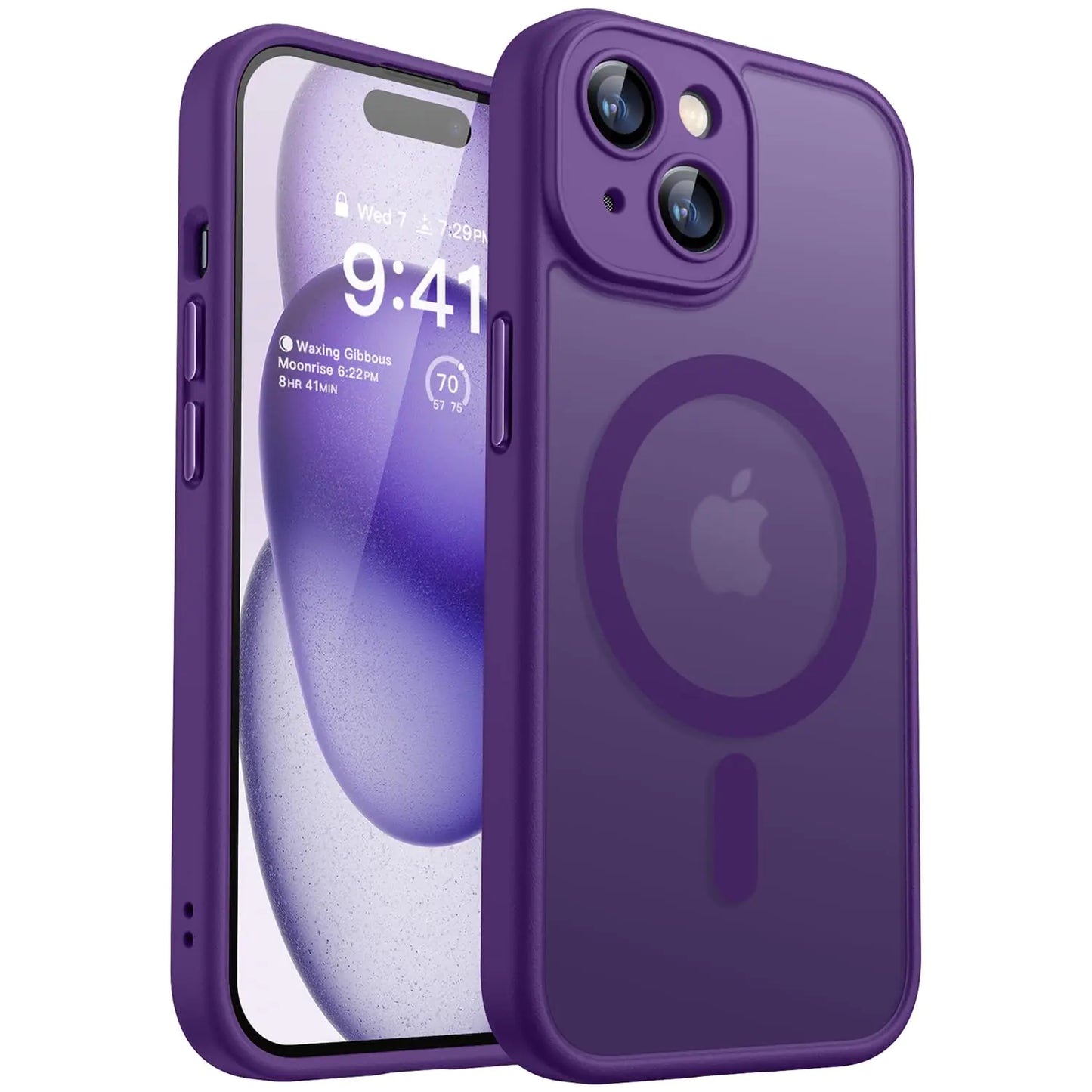 A clear protective case for iPhone 15 Pro with full camera protection and a MagSafe compatible design, displayed in blue color.