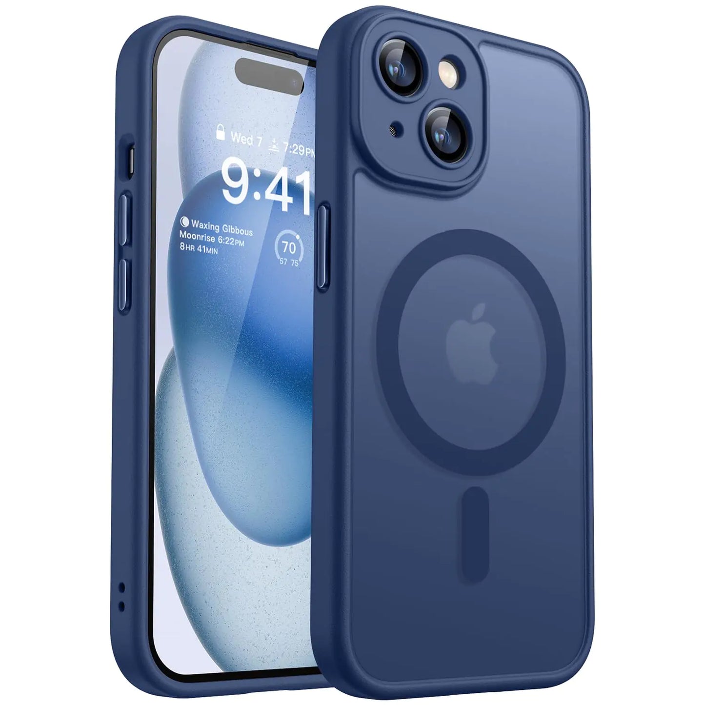 A clear protective case for iPhone 15 Pro with full camera protection and a MagSafe compatible design, displayed in blue color.