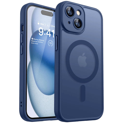 A clear protective case for iPhone 15 Pro with full camera protection and a MagSafe compatible design, displayed in blue color.