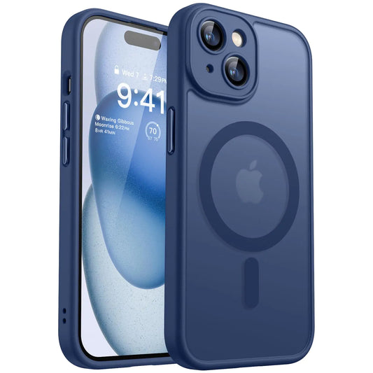 A clear protective case for iPhone 15 Pro with full camera protection and a MagSafe compatible design, displayed in blue color.