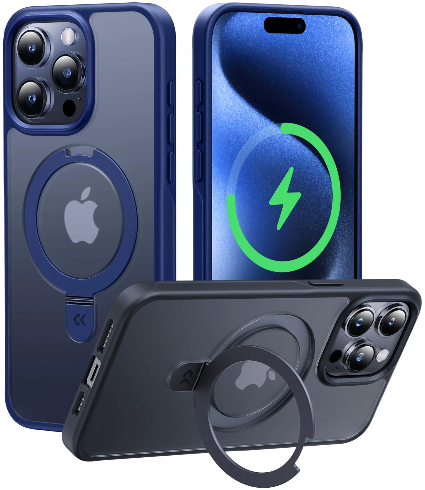 A iPhone 15 Pro Max case with a magnetic invisible stand, displayed in a translucent matte finish.