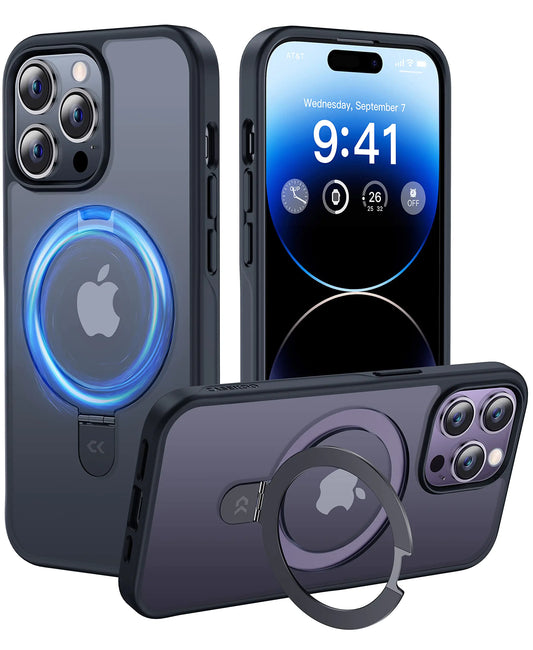 A iPhone 15 Pro Max case with a magnetic invisible stand, displayed in a translucent matte finish.