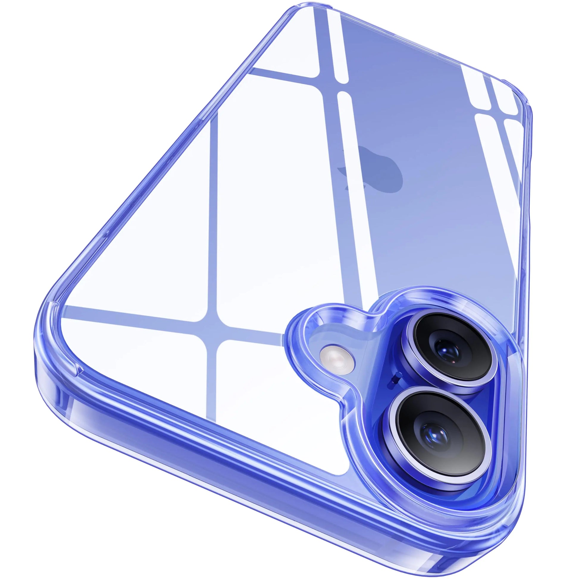 A clear TPU case for iPhone 15 with a camera cutout showing the back camera setup, with a reflective metallic edge.