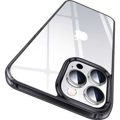 A clear TPU case for iPhone 15 with a camera cutout showing the back camera setup, with a reflective metallic edge.