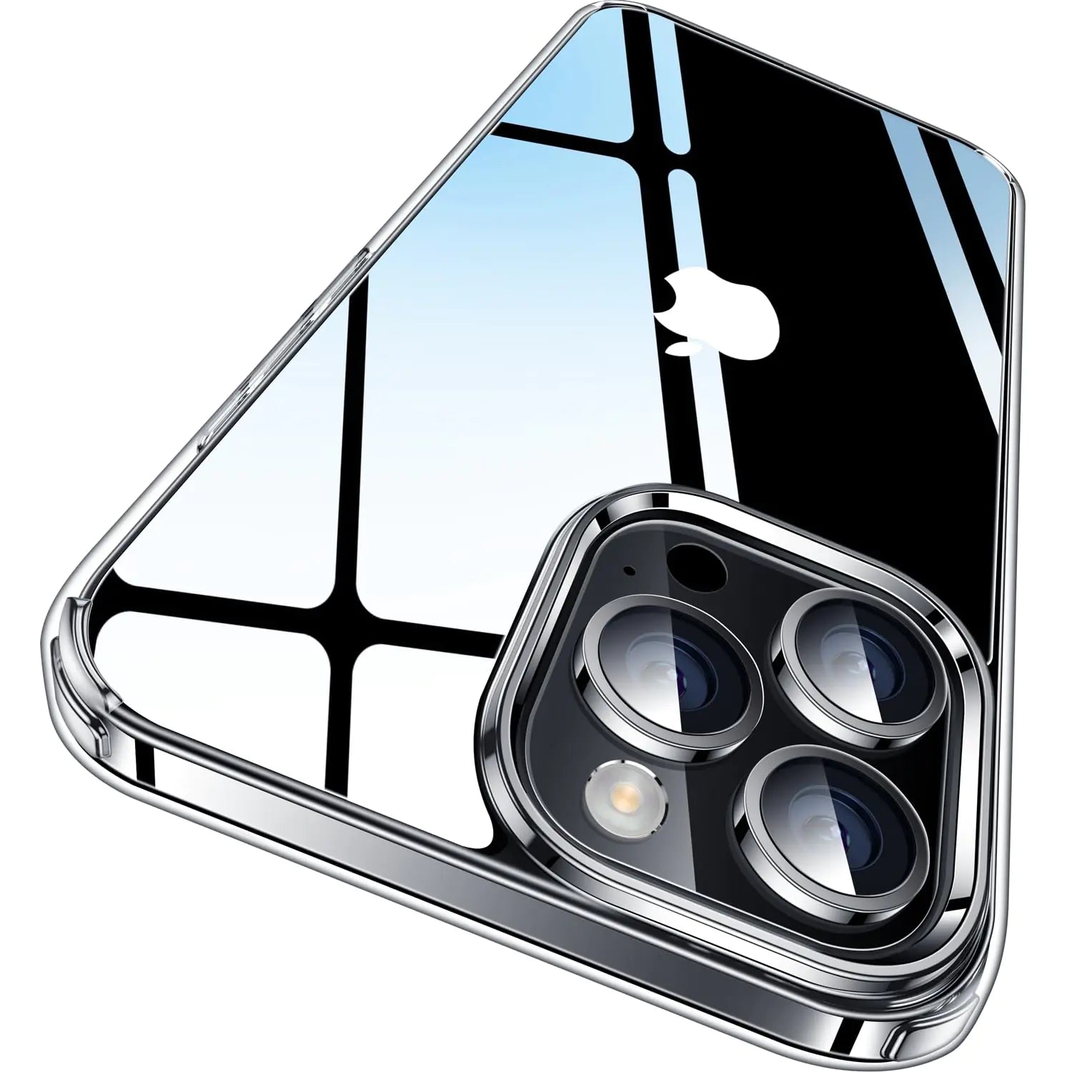A clear TPU case for iPhone 15 with a camera cutout showing the back camera setup, with a reflective metallic edge.
