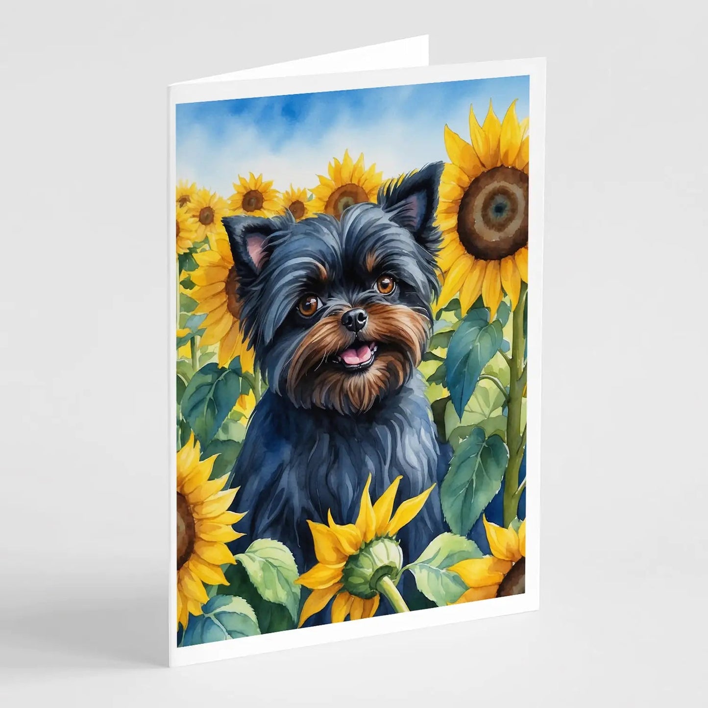 Affenpinscher in Sunflowers Greeting Cards Pack of 8 WEM Support (www.WEM.support)