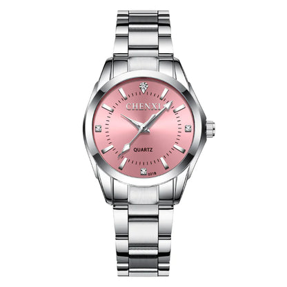 A CHENXI women's quartz watch with a pink dial and a silver stainless steel band.