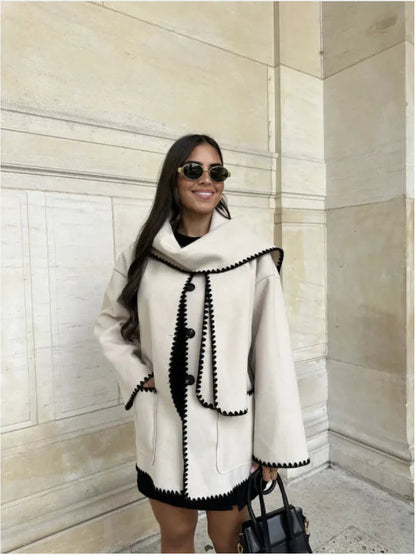 Women's Color-Contrast Woolen Scarf Coat WEM Support (www.WEM.support)