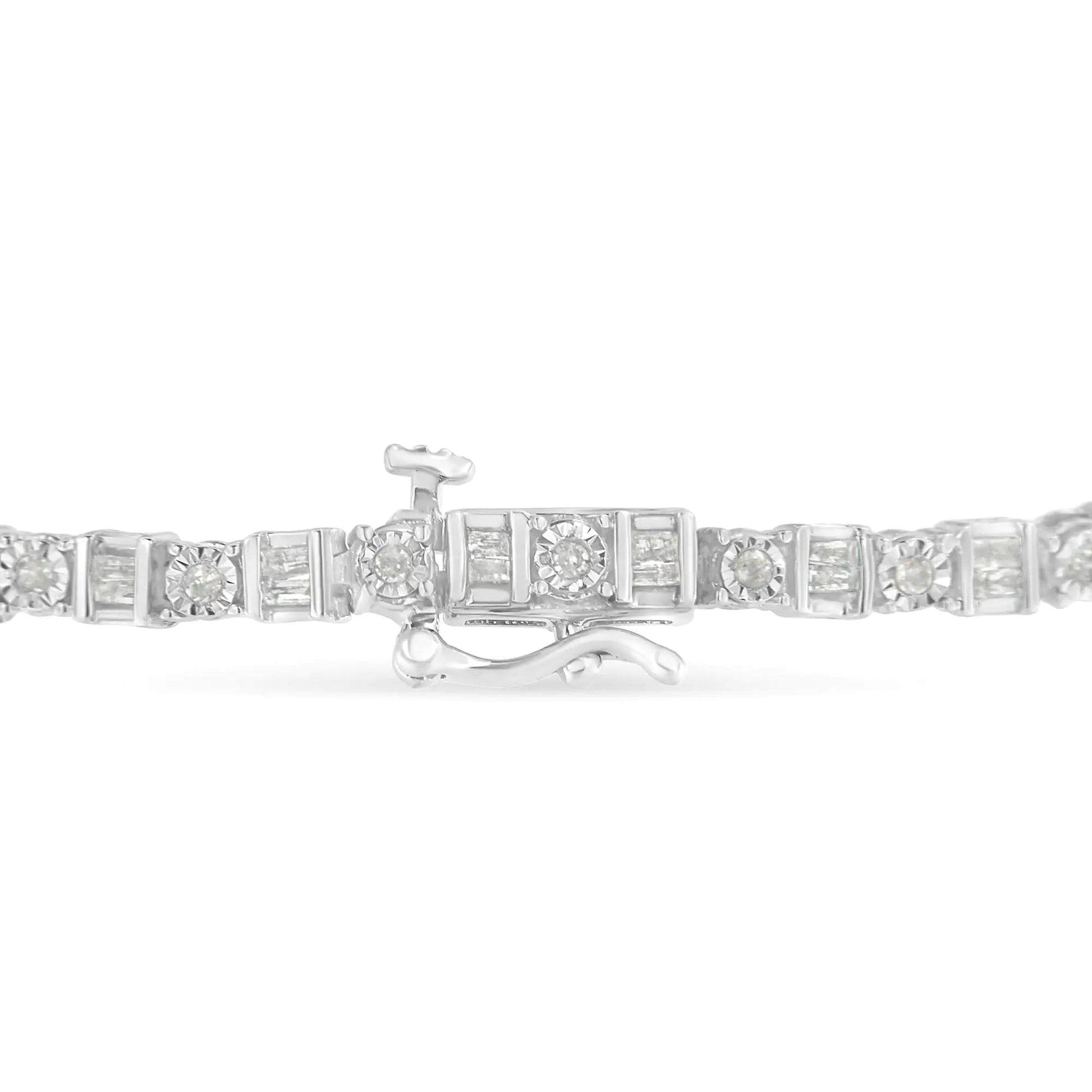 10K White Gold 1.0 Cttw Baguette & Round Diamond Alternating Link Tennis Bracelet (I-J Color, I2-I3 Clarity) - 7” WEM Support (www.WEM.support)