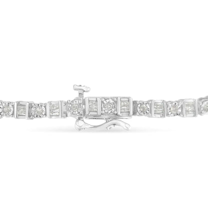 10K White Gold 1.0 Cttw Baguette & Round Diamond Alternating Link Tennis Bracelet (I-J Color, I2-I3 Clarity) - 7” WEM Support (www.WEM.support)