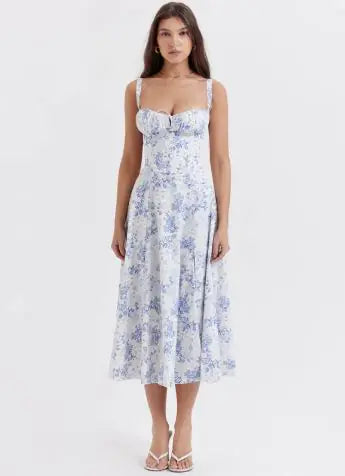 Plain and Floral Print Strappy Dress