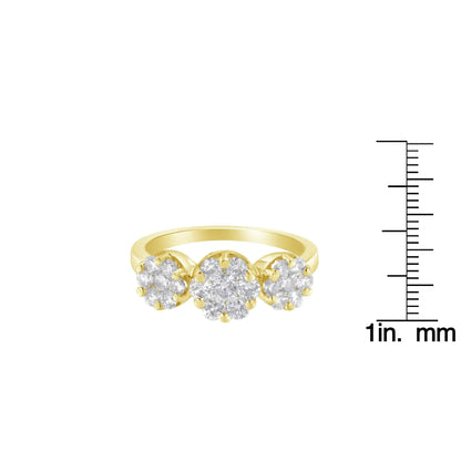 14K Yellow Gold 1-1/4 Cttw Brilliant Cut Diamond Three Round Floral Clusters Engagement or Fashion Ring (H-I Color, SI2-I1 Clarity) WEM Support (www.WEM.support)