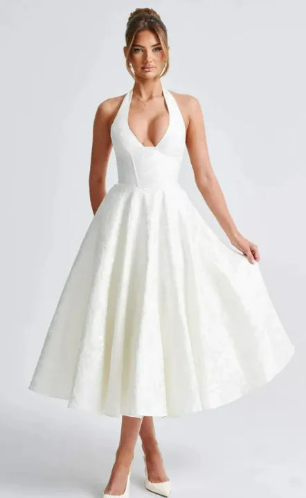 V-neck Halter Sleeveless Jacquard Lace-up Waist Dress WEM Support (www.WEM.support)