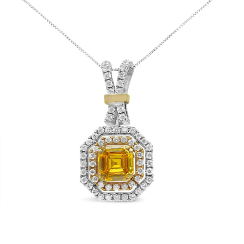 18K White and Yellow Gold 1.75 Cttw Lab Grown Treated Yellow Asscher Center Diamond Halo 18" Pendant Necklace (Yellow/G-H Color, VS1-VS2 Clarity) WEM Support (www.WEM.support)