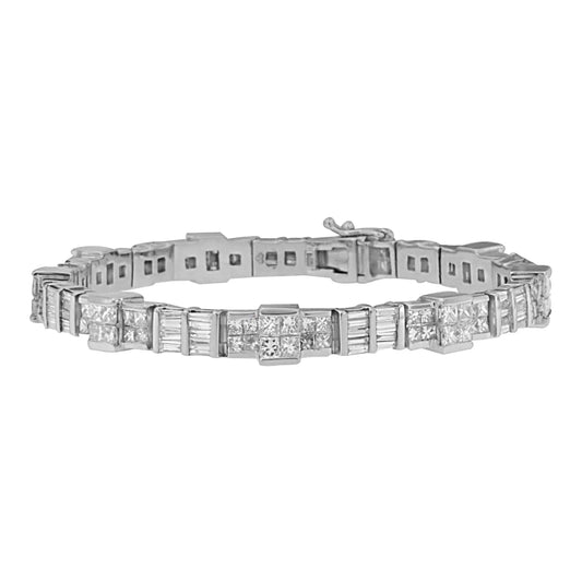 14K White Gold Princess and Baguette Cut Diamond Mixed Link Bracelet (8 3/4 cttw, G-H Color, VS2-SI1 Clarity) WEM Support (www.WEM.support)