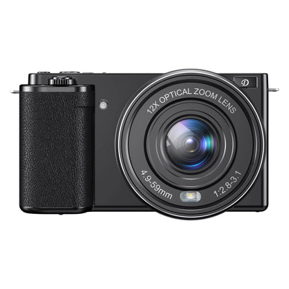 A black digital camera with a 12x optical zoom lens, suitable for vlogging and photography, including a 64G TF card.