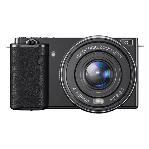 A black digital camera with a 12x optical zoom lens, suitable for vlogging and photography, including a 64G TF card.
