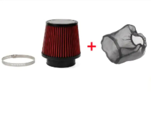 The image shows a red performance air filter with a black top and a metal band, alongside a gray protective mesh.