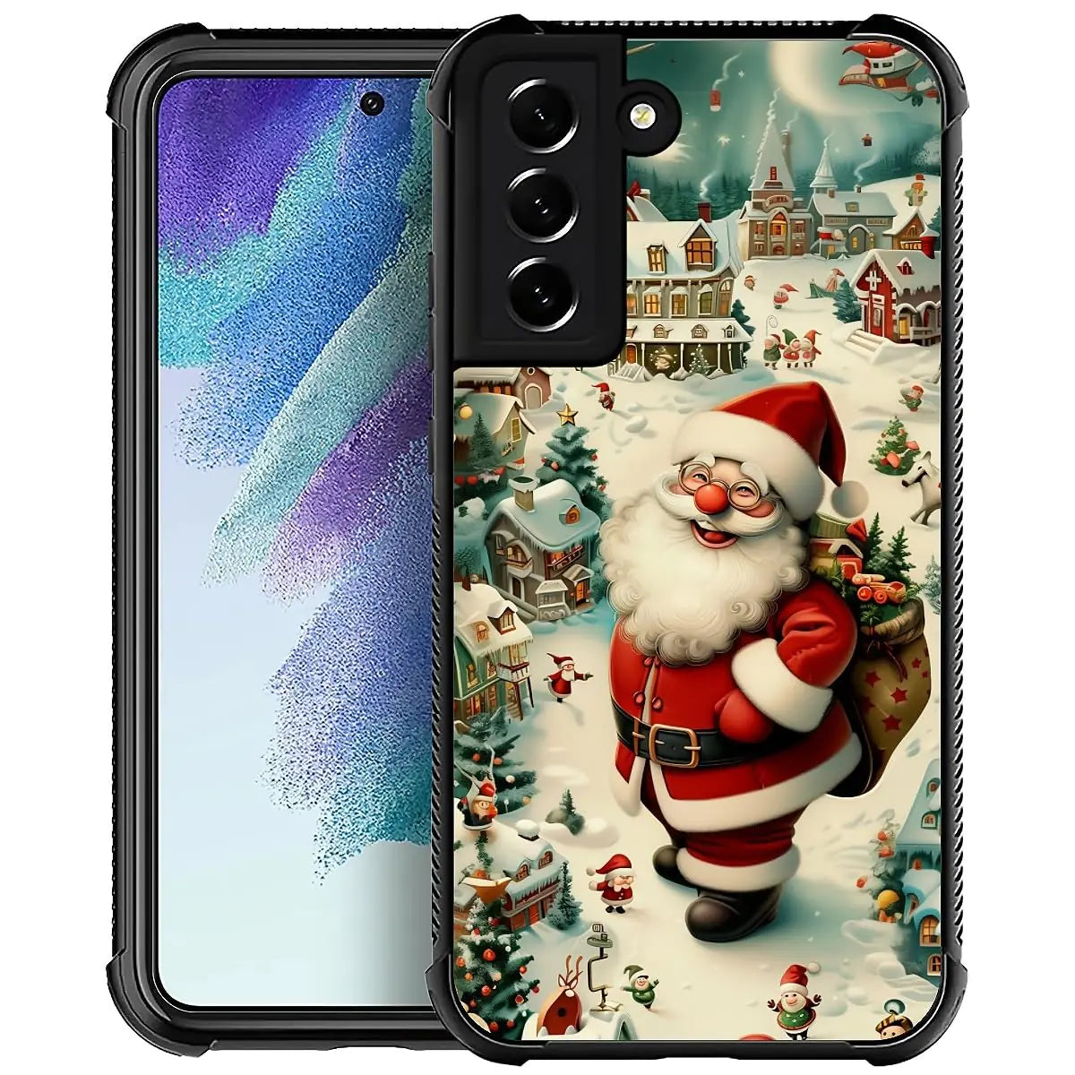 A Christmas-themed phone case featuring Santa Claus with a background of a winter scene and Christmas decorations.