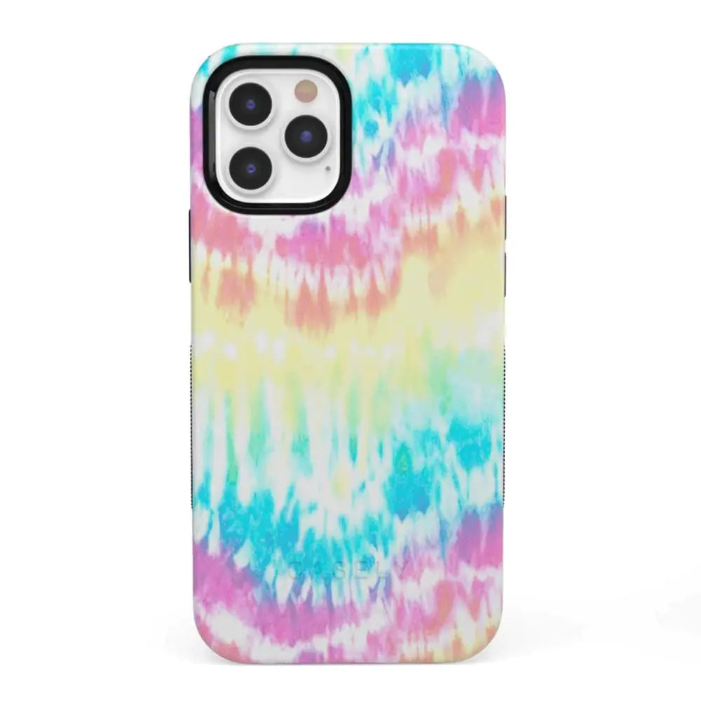 A multicolored phone case with a abstract tie-dye style pattern in pastel colors for iPhone 12/12 Pro.