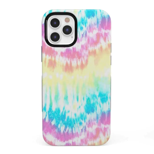 A multicolored phone case with a abstract tie-dye style pattern in pastel colors for iPhone 12/12 Pro.