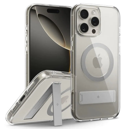 A clear TPU case for iPhone 16 Pro with a built-in kickstand, compatible with MagSafe. The case is designed to protect the phone and allows for easy viewing of the screen.