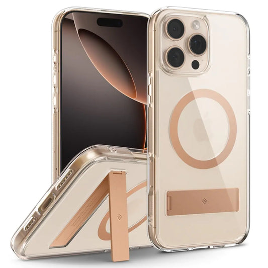 A clear TPU case for iPhone 16 Pro with a built-in kickstand, compatible with MagSafe. The case is designed to protect the phone and allows for easy viewing of the screen.