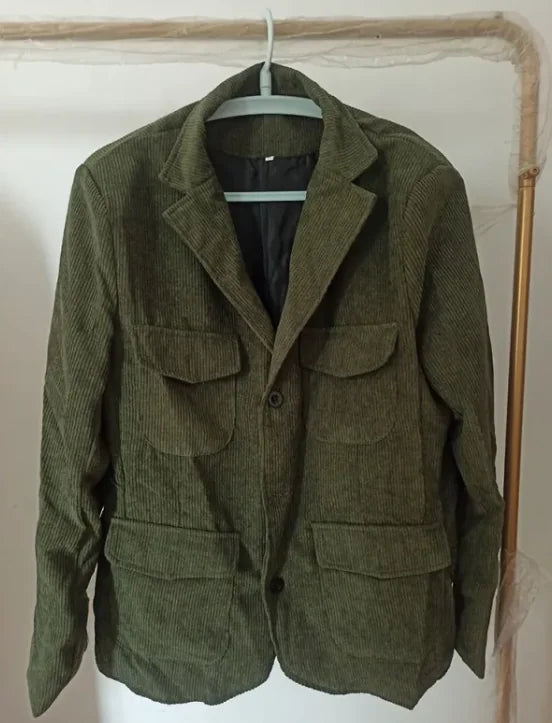 A black men's casual jacket with a collar, buttons, and multiple pockets, displayed against a white background.