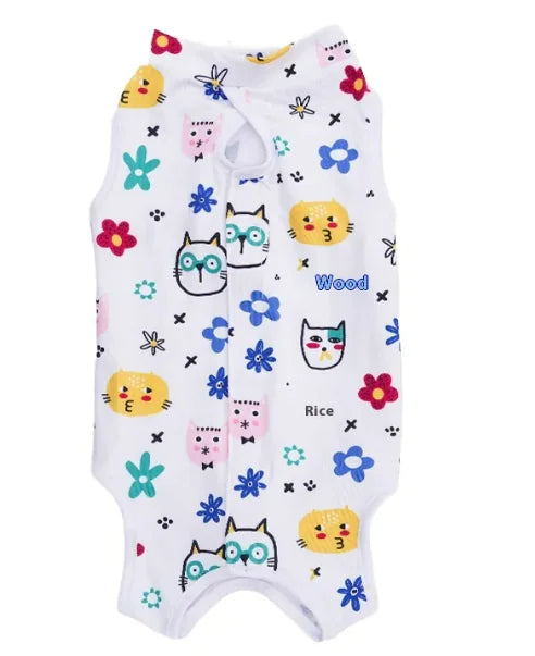 A white cat sterilization garment with colorful playful print, designed to prevent cats from licking or scratching post-surgery.