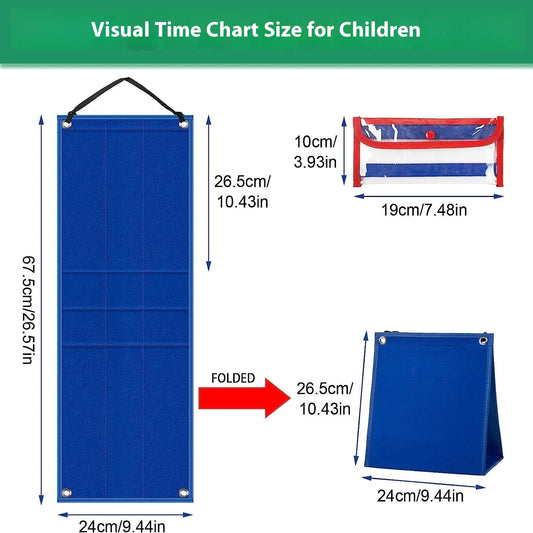 A visual time chart for children designed as a blue cloth with a pocket, dimensions shown in centimeters.