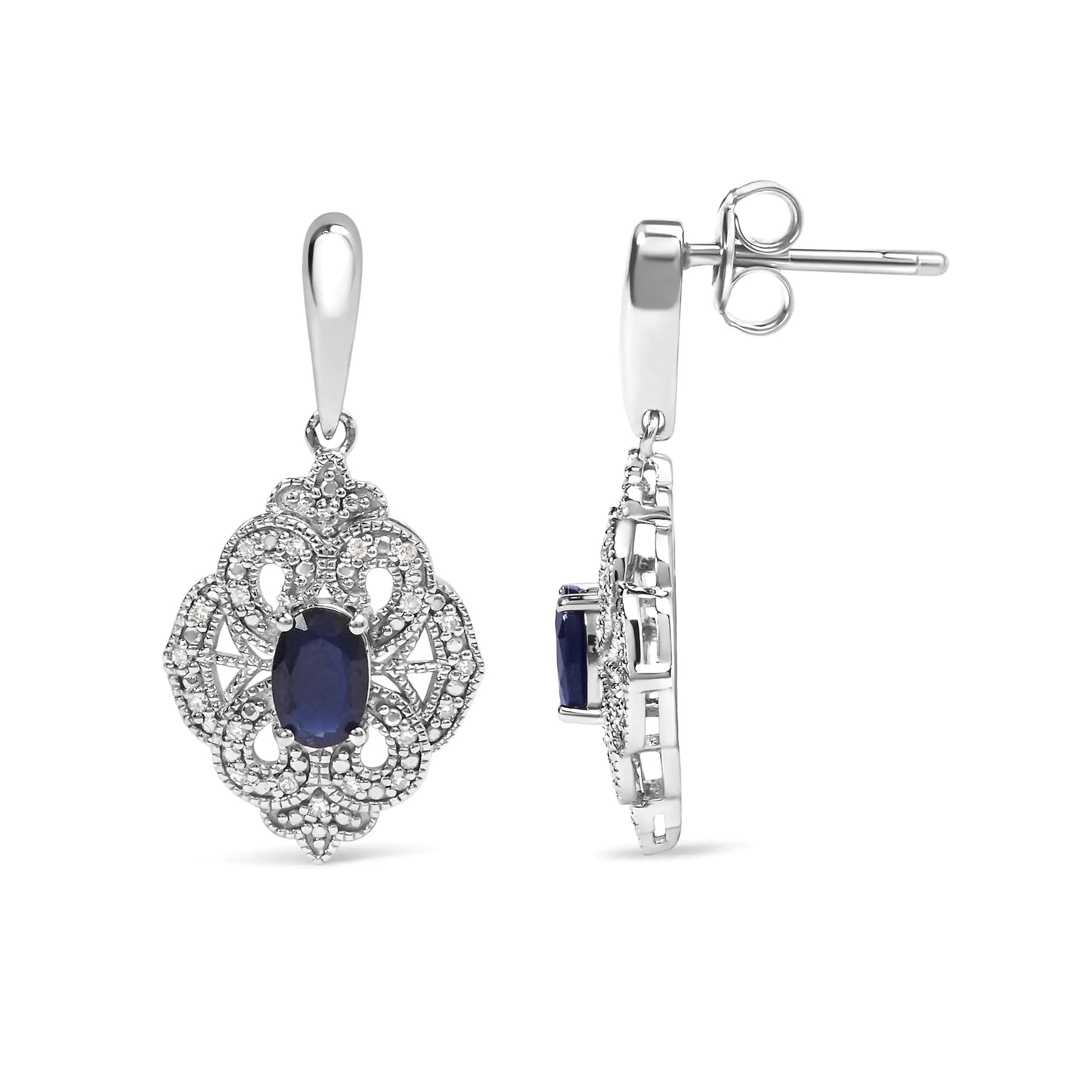 .925 Sterling Silver 6x4 MM Oval Blue Sapphire and White Diamond Accent Art Deco Style Shield Dangle Earring (I-J Color, I3 Clarity) WEM Support (www.WEM.support)