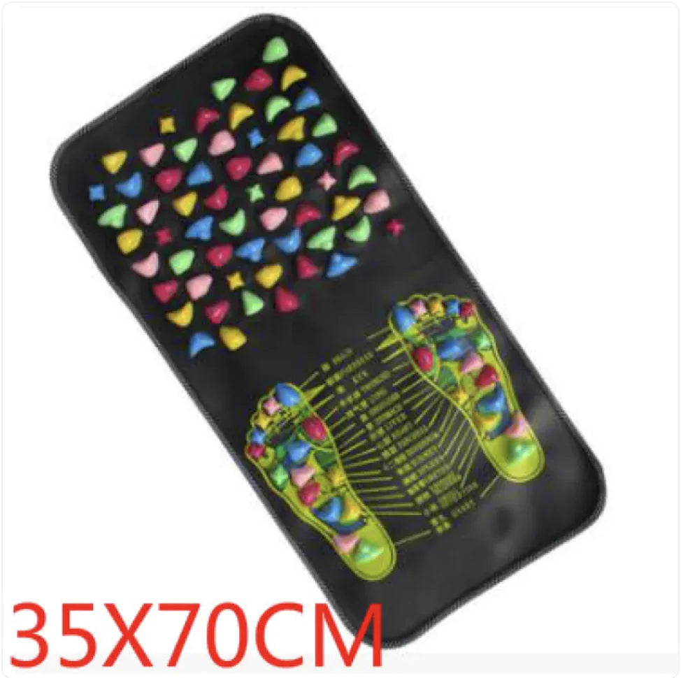A black foot massager pad with a colorful cobblestone pattern and foot silhouette design, marked with dimensions of 35x70cm.