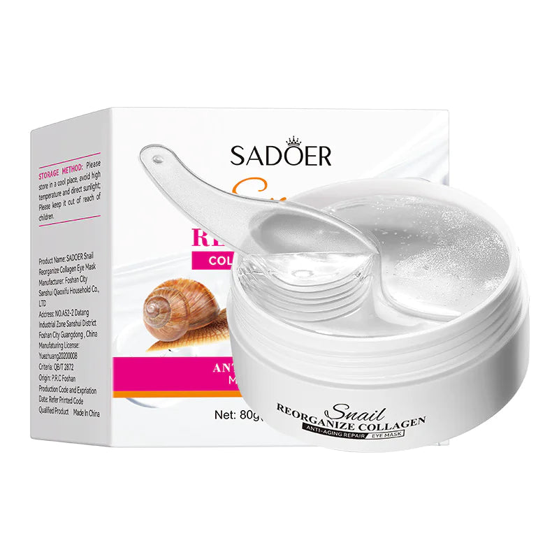 Packaging of SADOER Collagen Eye Mask with a jar and box, showcasing the product and its features.