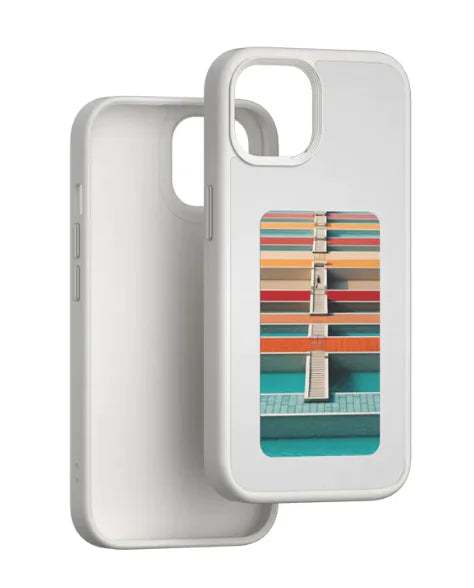 A phone case with a colorful striped pattern on the back, featuring a slot for a SIM card and a plastic cover for the phone's camera.