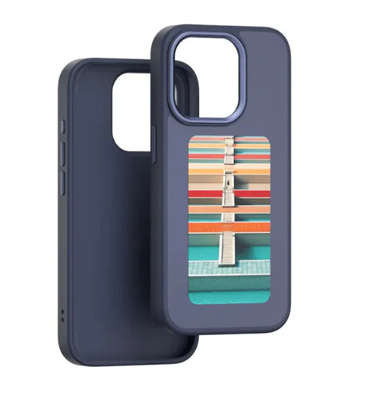 A phone case with a colorful striped pattern on the back, featuring a slot for a SIM card and a plastic cover for the phone's camera.