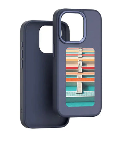 A phone case with a colorful striped pattern on the back, featuring a slot for a SIM card and a plastic cover for the phone's camera.