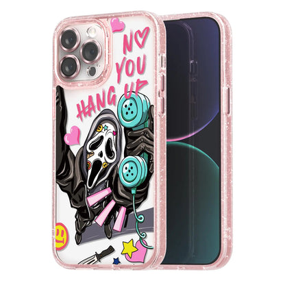 This image displays a vibrant and playful iPhone 13 Pro Max case, designed with a fun, girly aesthetic. The case features a glittery pink background that enhances its appeal.
