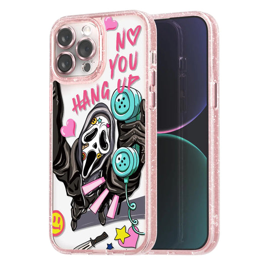 This image displays a vibrant and playful iPhone 13 Pro Max case, designed with a fun, girly aesthetic. The case features a glittery pink background that enhances its appeal.