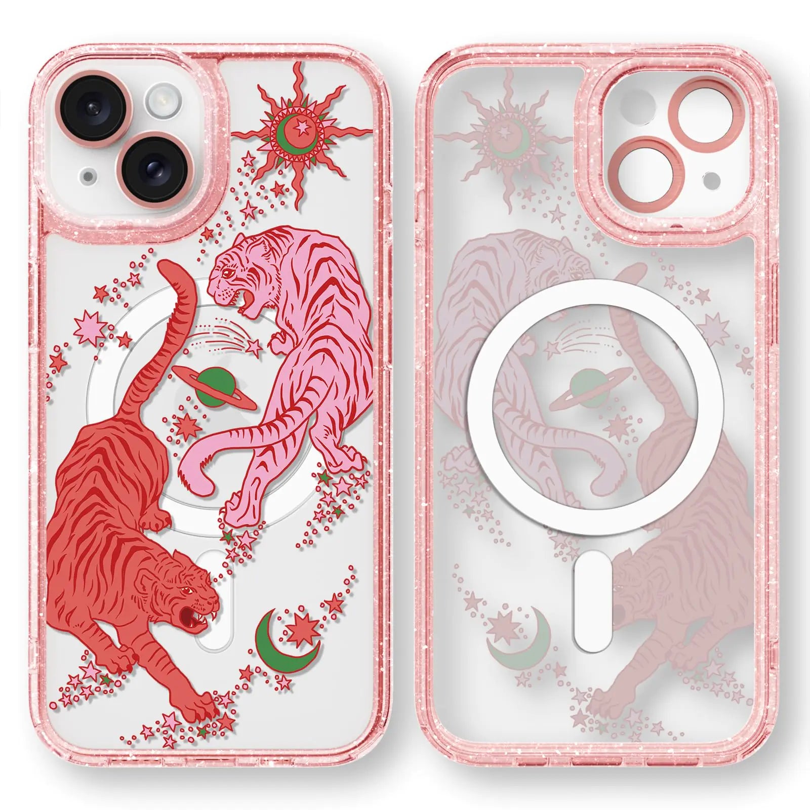 This image displays a vibrant and playful iPhone 13 Pro Max case, designed with a fun, girly aesthetic. The case features a glittery pink background that enhances its appeal.