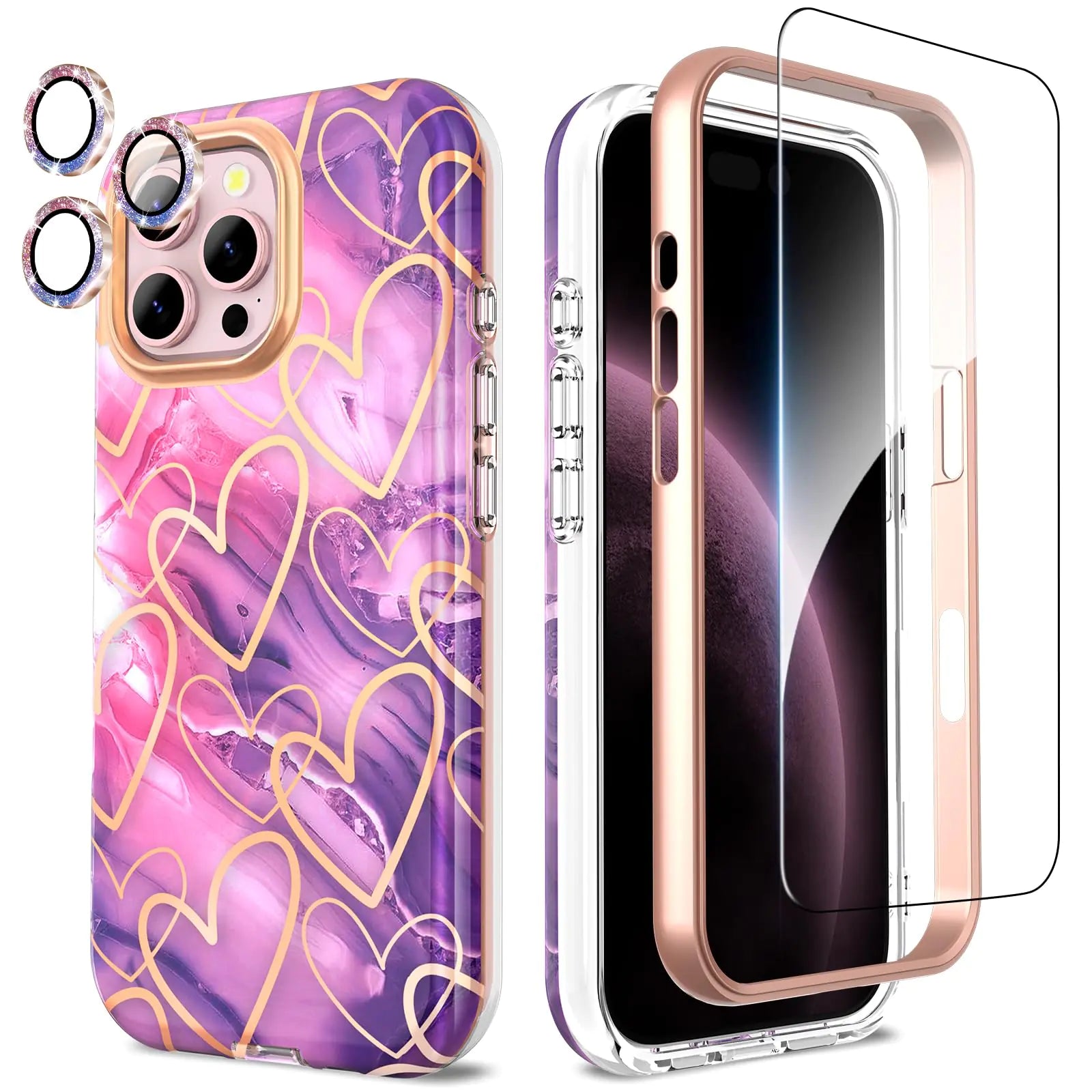 A white and purple marble patterned phone case for iPhone 16 Pro Max, including a camera lens protector and a screen protector.